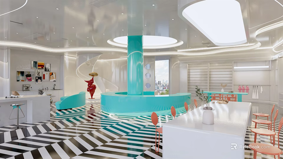 Modern Bridal Shop Interior With Spiral Staircase Turquoise Column And Black White Striped Flooring 3d model 