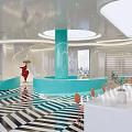 Modern Bridal Shop Interior With Spiral Staircase Turquoise Column And Black White Striped Flooring
