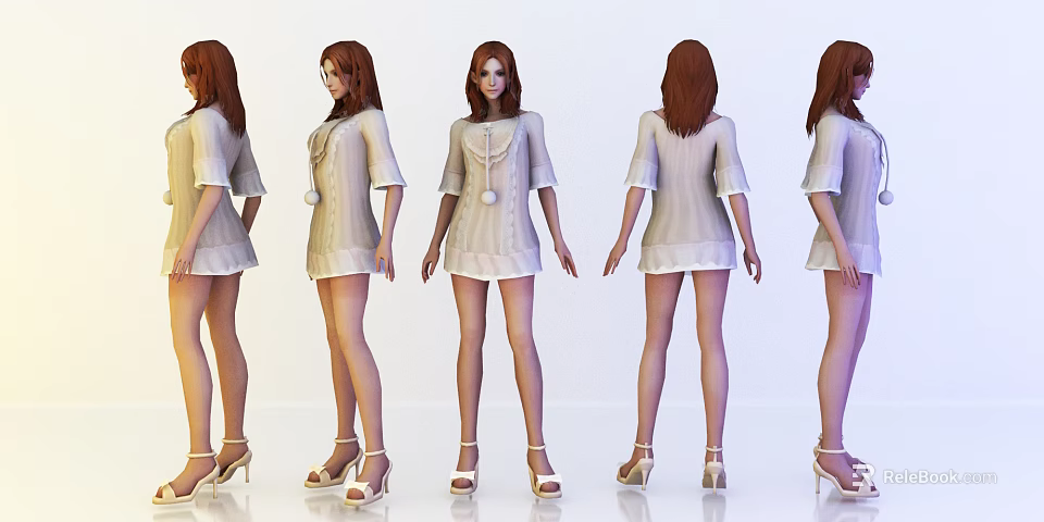 Woman In Light Colored Short Sleeved Dress With High Heels From Multiple Angles 3d model 