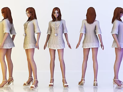 Woman In Light Colored Short Sleeved Dress With High Heels From Multiple Angles 3d model