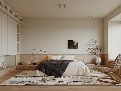 Modern Minimalist Bedroom With Beige Walls White Cabinets Black And White Quilt And Wicker Chair 3d model