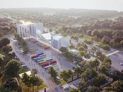 Birds Eye View Planning of Modern Architectural Complex With Trees Parking Areas Vehicles And Roads 3d model