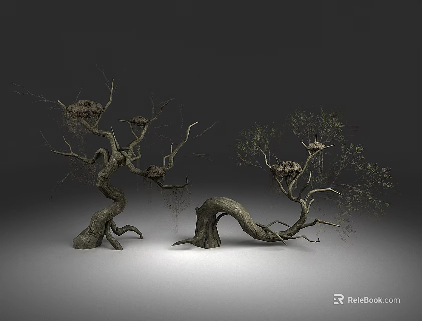 Enchanting Treehouse Nestled On Withered Trees With Bird Nests And Green Leaves 3d model 