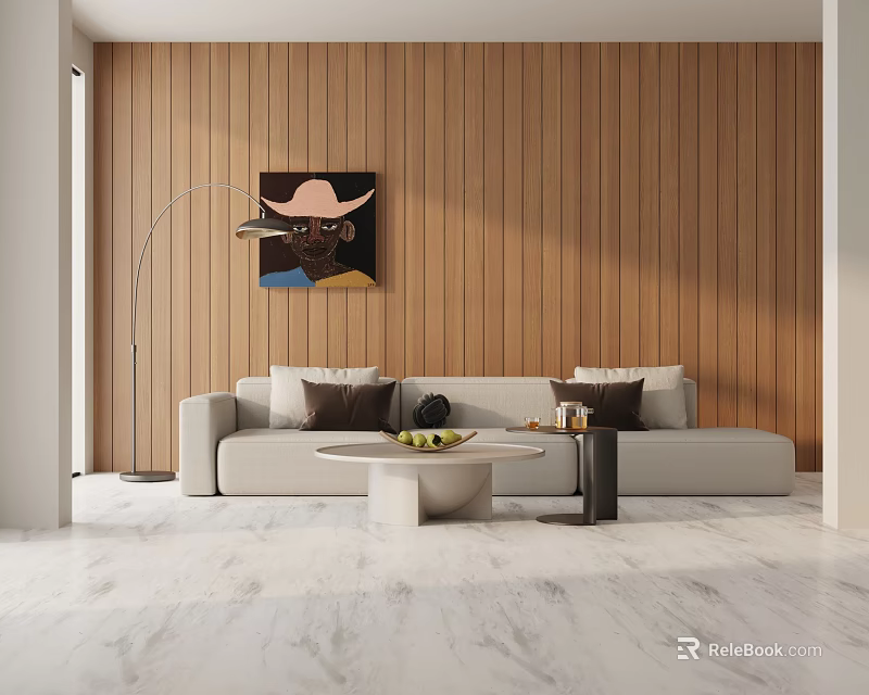 Three Seater Sofa In Modern Minimalist Living Room With Wooden Wall Paneling Coffee Table And Cushions 3d model 