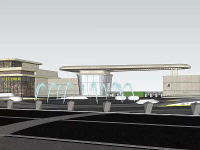 Modern Entrance Gate Design With Glass Structure And Fountain Plaza Lighting 3d model