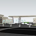 Modern Entrance Gate Design With Glass Structure And Fountain Plaza Lighting