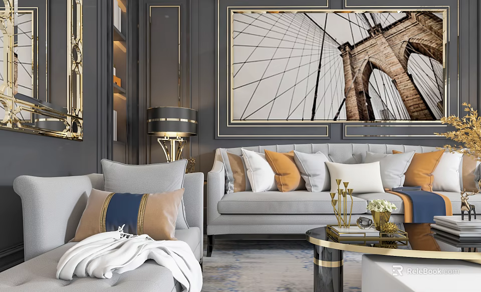Elegant Living Room Interior With Gray Sofa Orange White Pillows Abstract Wall Art Gold Lamp 3d model 