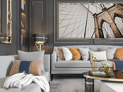 Elegant Living Room Interior With Gray Sofa Orange White Pillows Abstract Wall Art Gold Lamp 3d model