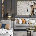 Elegant Living Room Interior With Gray Sofa Orange White Pillows Abstract Wall Art Gold Lamp