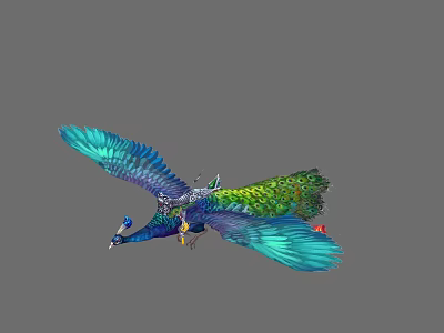 Flying Peacock With Vibrant Blue And Green Feathers And Rider On Back 3d model