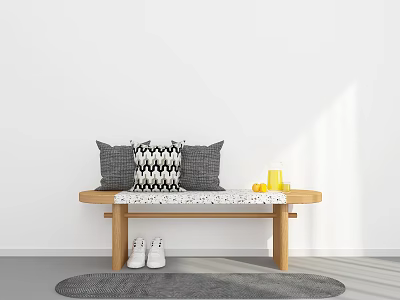 Sunlit Indoor Space With Wooden Bench Cushions White Shoes Gray Rug Yellow Cup And Oranges 3d model