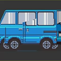 Pixel Art Blue Minivan With Multiple Windows And Pixelated Wheels On Gray Background With Reflection 3d model