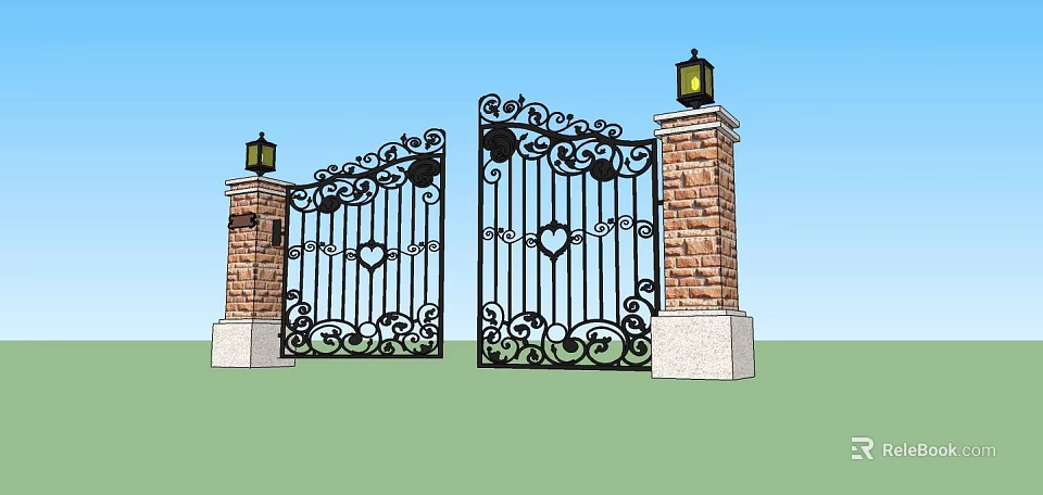 Wrought Iron Entrance Gate With Intricate Scrollwork Heart Designs Red Brick Pillars And Lantern Lights 3d model 