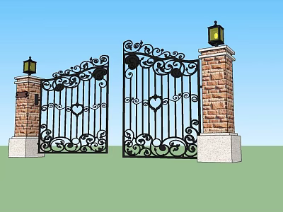 Wrought Iron Entrance Gate With Intricate Scrollwork Heart Designs Red Brick Pillars And Lantern Lights 3d model