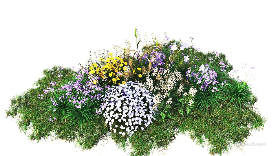 Colorful Mixed Flowers With Yellow Purple White Blooms And Green Grass 3d model 