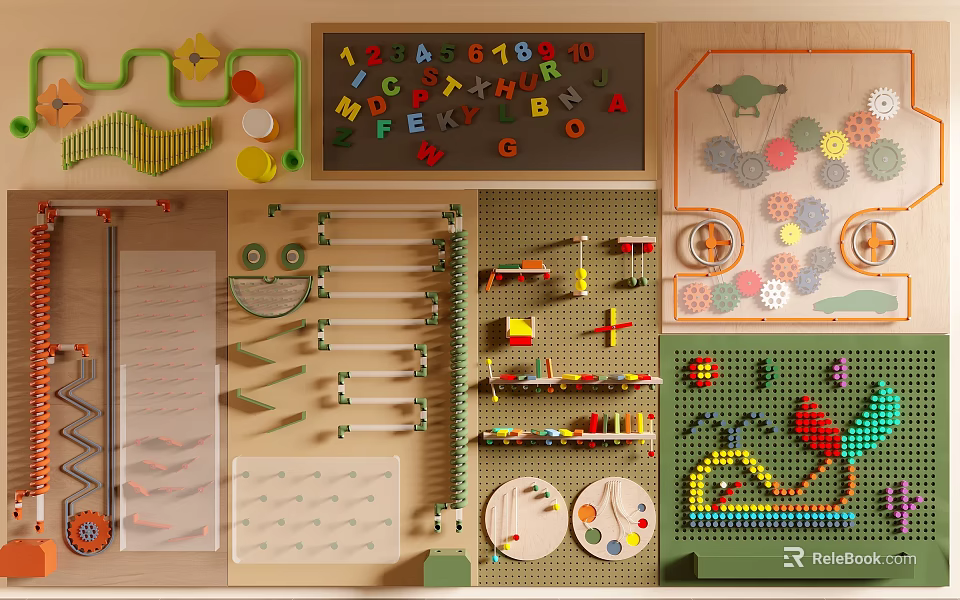 Colorful Kids Activity Wall With Alphabet Letters Numbers Gears And Building Blocks 3d model