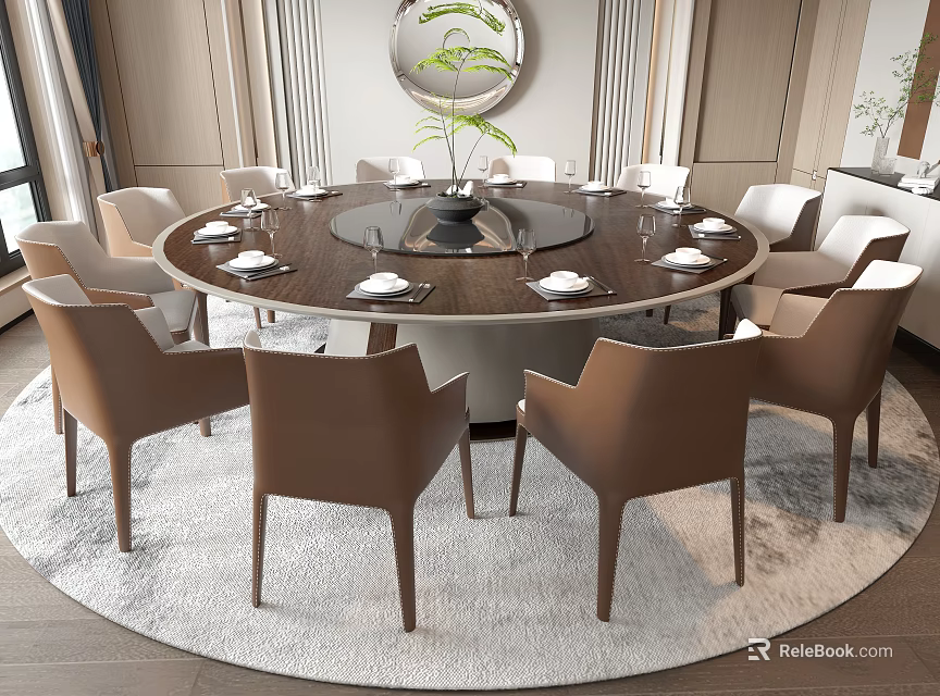 Elegant Round Dining Table Set With Brown Chairs Wooden Tabletop And Decorative Plant 3d model