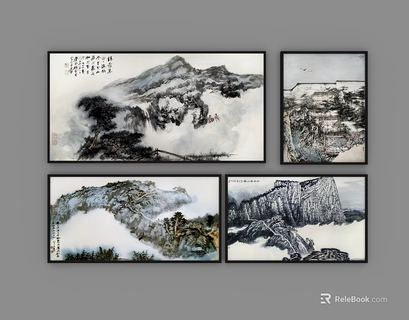 Four Panel Traditional Chinese Landscape Paintings With Misty Mountains And Calligraphy Artwork 3d model 