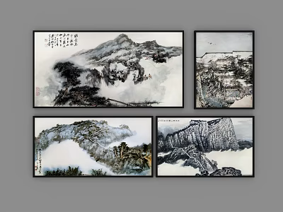 Four Panel Traditional Chinese Landscape Paintings With Misty Mountains And Calligraphy Artwork 3d model