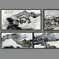 Four Panel Traditional Chinese Landscape Paintings With Misty Mountains And Calligraphy Artwork