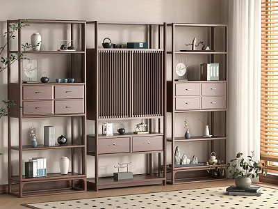 Modern Wooden Etagere With Open Shelves Drawers For Displaying Decorative Vases And Books 3d model