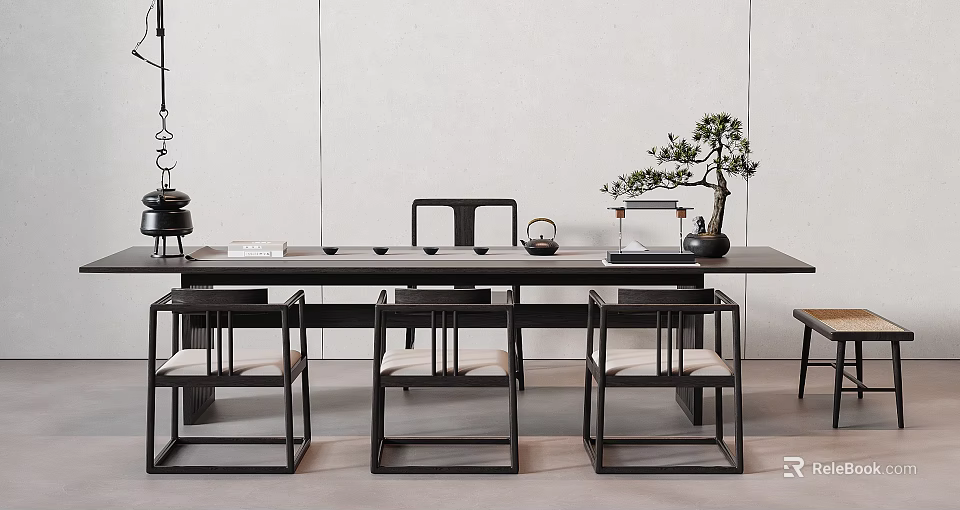 Modern Minimalist Tea Table and Chairs With Black Frame Tea Set and Potted Plant 3d model 