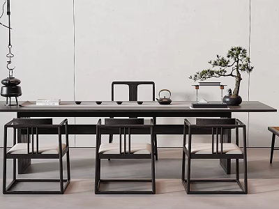 Modern Minimalist Tea Table and Chairs With Black Frame Tea Set and Potted Plant 3d model