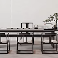 Modern Minimalist Tea Table and Chairs With Black Frame Tea Set and Potted Plant
