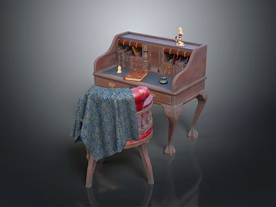 Vintage Wooden Antique Desk With Small Decorative Items And Cloth On Chair 3d model