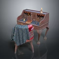 Vintage Wooden Antique Desk With Small Decorative Items And Cloth On Chair