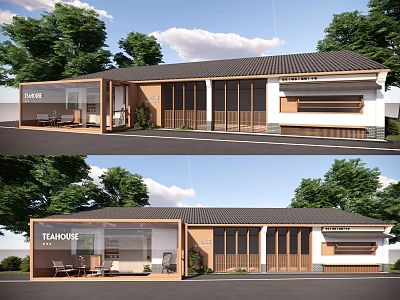 Modern Homestay Building With Wooden Facade Large Glass Windows Black Tile Roof Surrounded By Trees 3d model