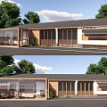 Modern Homestay Building With Wooden Facade Large Glass Windows Black Tile Roof Surrounded By Trees