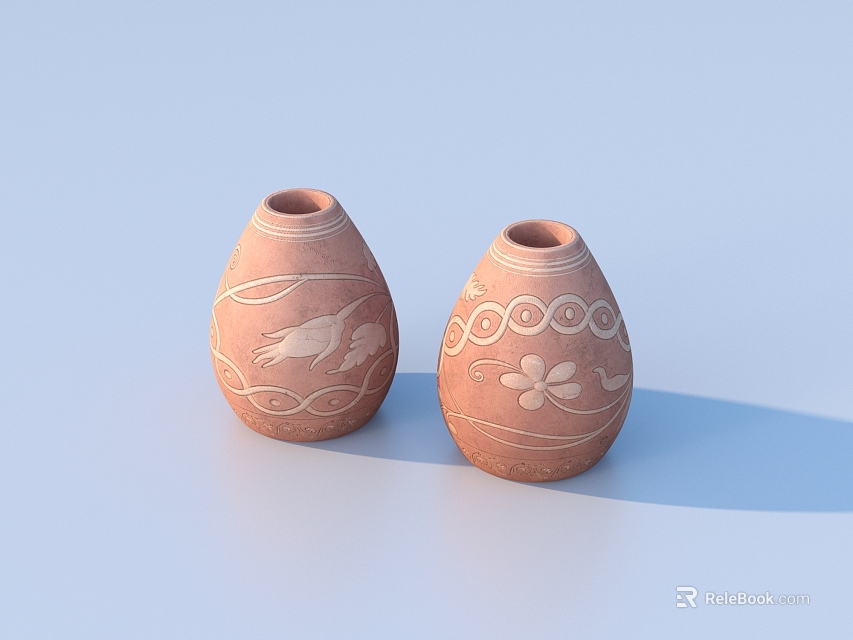Terra Cotta Ceramic Pots with White Bird Flower and Circle Patterns on Light Blue Background 3d model 