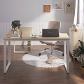 Desk With Laptop Stationery Headphones Potted Plant Chair Drawer Cabinet And Natural Light