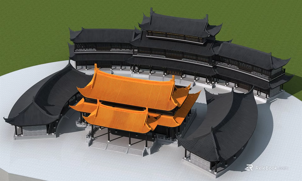 Traditional Chinese Ancient Architecture With Orange Main Roof And Black Curved Eaves Courtyard Design 3d model 