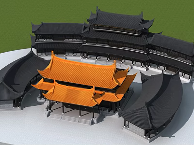 Traditional Chinese Ancient Architecture With Orange Main Roof And Black Curved Eaves Courtyard Design 3d model