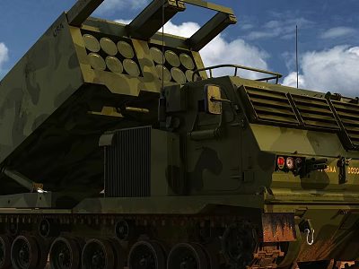 Camouflage Military Tank With Rocket Launch System And Circular Tubes Under Blue Sky 3d model