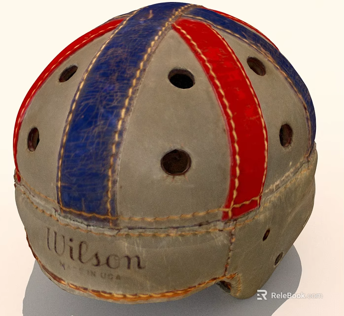 Vintage Wilson Leather Helmet With Red Blue Stripes And Vent Holes 3d model 