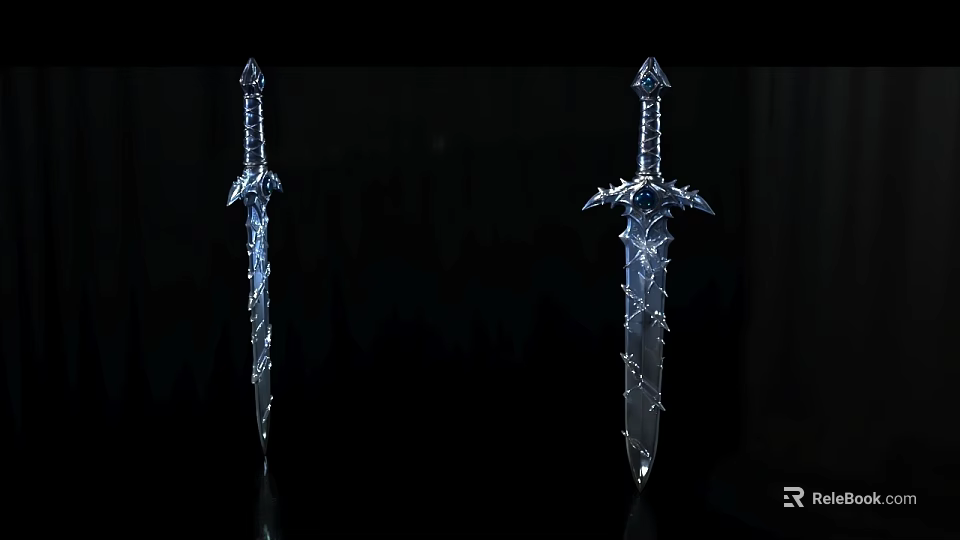 Silver Ornate Swords Featuring Intricate Patterns and Spikes on Black Background 3d model 