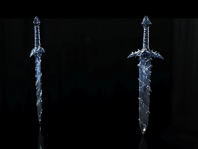Silver Ornate Swords Featuring Intricate Patterns and Spikes on Black Background 3d model