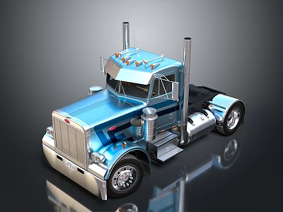 Blue Semi Truck Cab With Chrome Details Shiny Finish And Dual Exhaust Pipes 3d model
