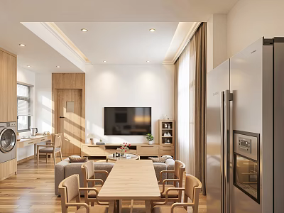 Modern Living Room Interior With TV Sofa Wooden Dining Table And Chairs 3d model
