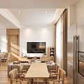 Modern Living Room Interior With TV Sofa Wooden Dining Table And Chairs