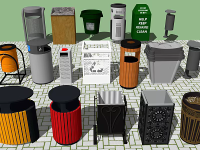 Public Facilities Trash Bins Featuring Various Designs Colors And Functional Types 3d model