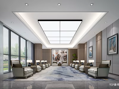 Modern Hotel Public Lounge Area With Comfortable Seats Patterned Carpet And Large Windows 3d model