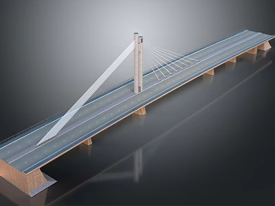 Modern Cable Stayed Bridge Structure With Tower Cables Roadway And Piers 3d model