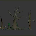 Dry Trees With Bare Branches And Small Green Plants Around Trunk Base 3d model