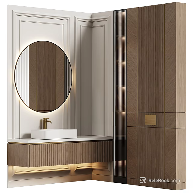Modern Bathroom Vanity With Round Mirror And Wooden Cabinet Soft Lighting Design 3d model 