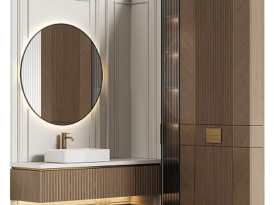 Modern Bathroom Vanity With Round Mirror And Wooden Cabinet Soft Lighting Design 3d model