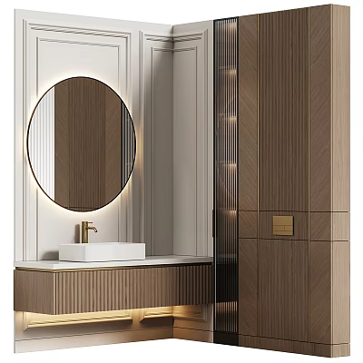Modern Bathroom Vanity With Round Mirror And Wooden Cabinet Soft Lighting Design 3d model